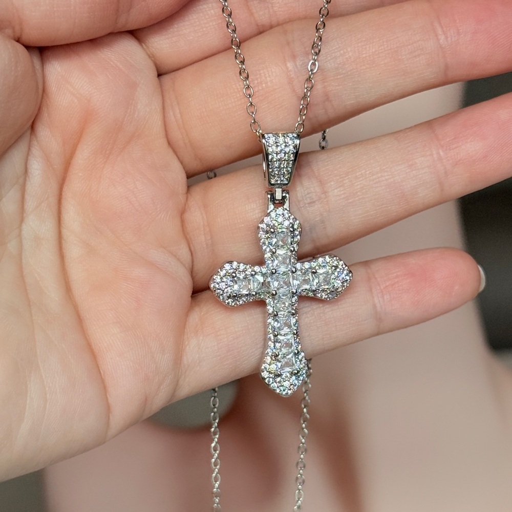 Silver Cubic Zirconia Cross Pendant Necklace - Picture 7 of 11